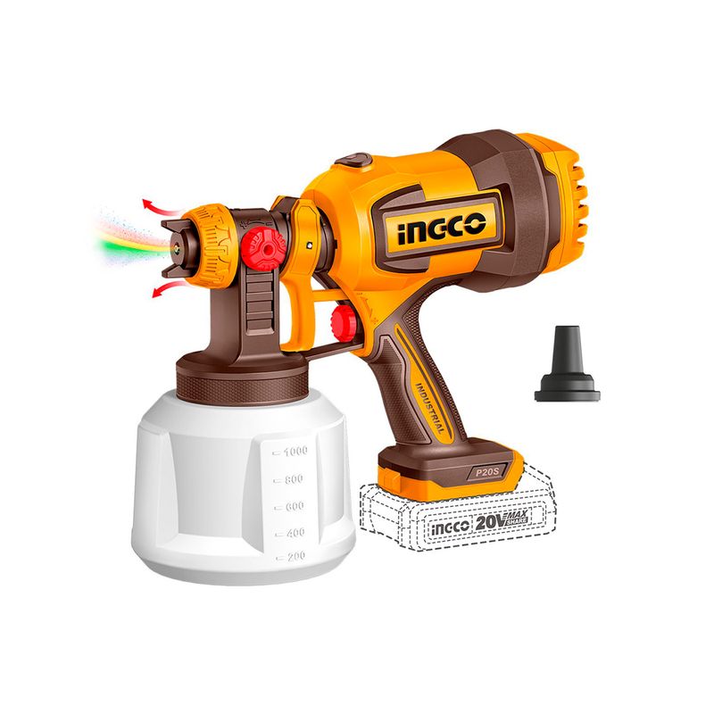 Pistola para pintar inalámbrica de 1000 ml Ingco, vista lateral en color naranja con depósito blanco y boquilla extra