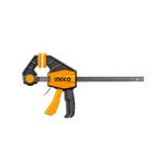 Prensa barra de 18 pulgadas Ingco, vista lateral completa del cuerpo naranja y negro con barra metálica extendida