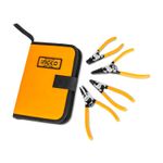 Set alicates Ingco de 5 pulgadas y 4 piezas, cuatro herramientas con mango amarillo junto a su estuche naranja