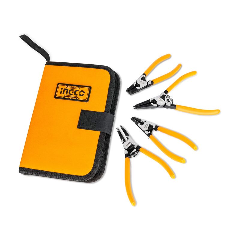 Set alicates Ingco de 5 pulgadas y 4 piezas, cuatro herramientas con mango amarillo junto a su estuche naranja