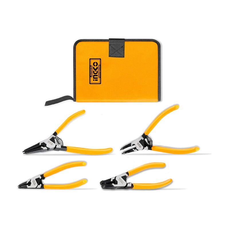 Set alicates Ingco de 5 pulgadas y 4 piezas, cuatro alicates con mangos amarillos y su estuche organizador amarillo
