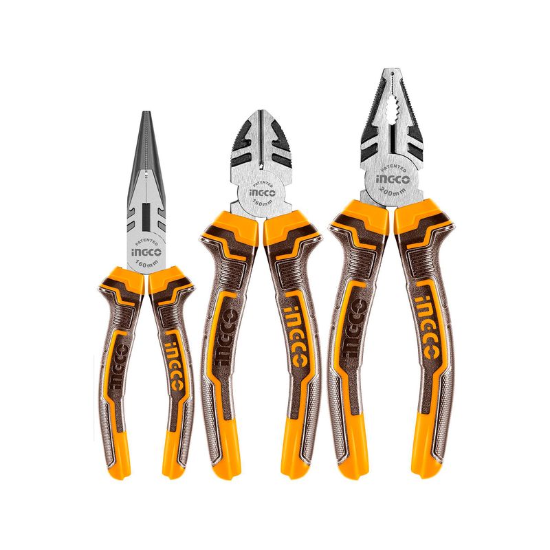 Set alicates básicos de 3 piezas Ingco, vista frontal de las tres herramientas con mangos ergonómicos amarillos y negros