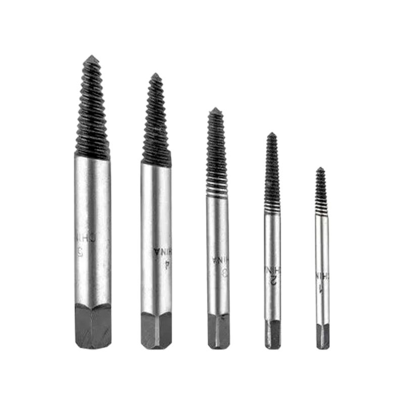 Set extractor de tornillos Ingco de 5 piezas, cinco extractores metálicos de diferentes tamaños alineados verticalmente