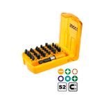 Set puntas de impacto magnéticas de 29 piezas Ingco, estuche abierto con puntas negras y adaptador amarillo con iconos