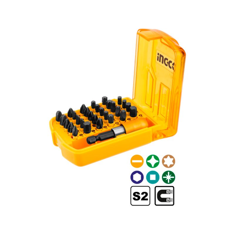 Set puntas de impacto magnéticas de 29 piezas Ingco, estuche abierto con puntas negras y adaptador amarillo con iconos