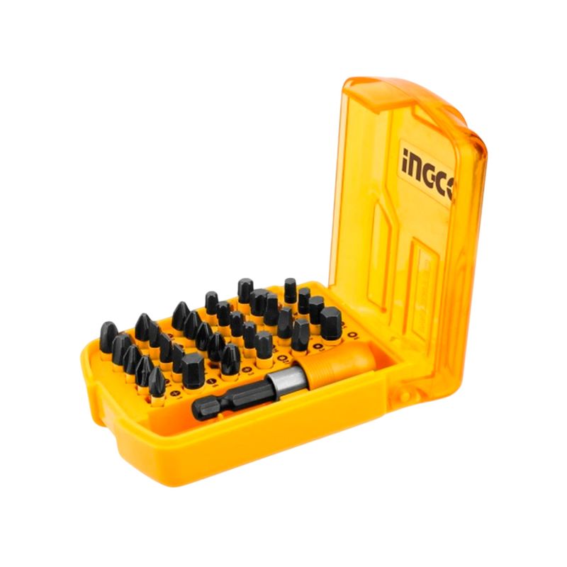 Set puntas de impacto magnéticas de 29 piezas Ingco, organizadas en estuche plástico amarillo abierto con adaptador