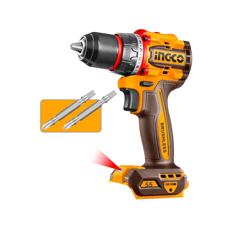 Taladro inalámbrico 1/2 brushless sin batería 20V Ingco, vista lateral en color naranja y gris con tres puntas insertadas