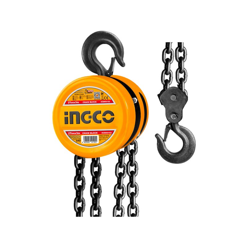 Tecle de cadena de 2 toneladas Ingco, cuerpo circular amarillo con ganchos y cadenas negras