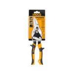 Tijera de aviación de 10 pulgadas corte derecho Ingco, producto en su empaque blister con mango color naranja y negro