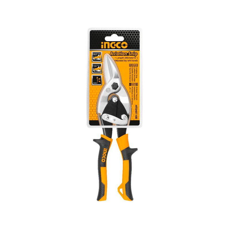 Tijera de aviación de 10 pulgadas corte derecho Ingco, producto en su empaque blister con mango color naranja y negro