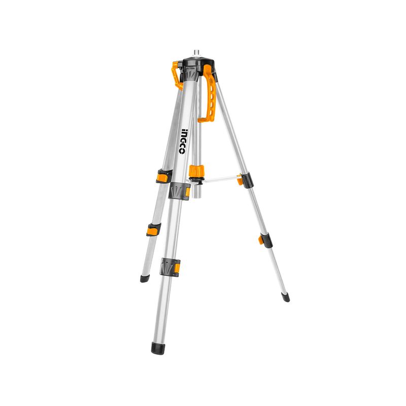 Trípode para nivel láser 1.2 mts 5/8x1/4 Ingco, vista frontal del equipo desplegado con detalles en color naranja