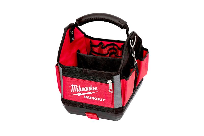 Bolso portaherramientas 15 pulgadas Milwaukee, vista frontal abierta mostrando compartimentos internos y asa negra