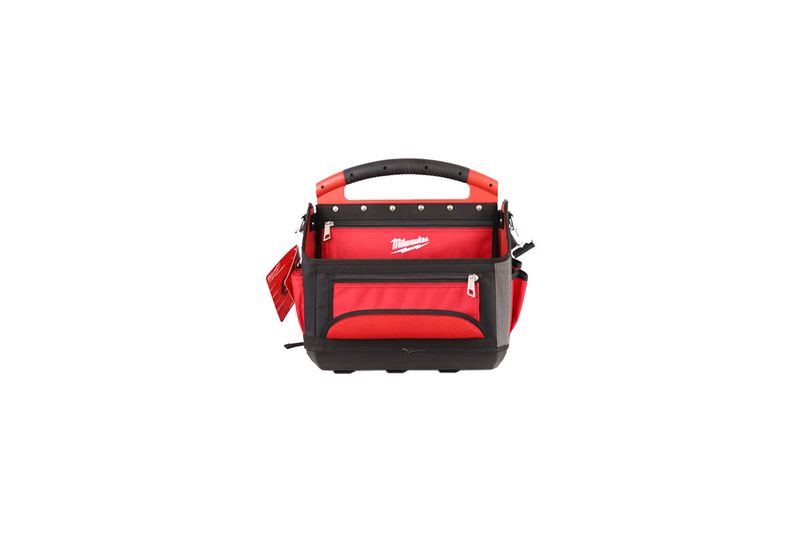 Bolso portaherramientas 15 pulgadas Milwaukee, vista frontal en color rojo y negro con asa superior y bolsillos externos