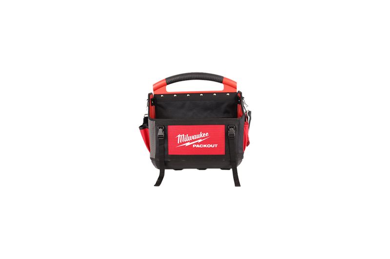 Bolso portaherramientas 15 pulgadas Milwaukee, vista frontal del bolso en colores rojo y negro con logo Packout