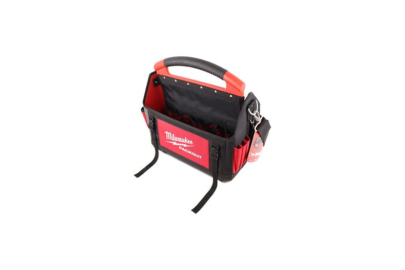 Bolso portaherramientas 15 pulgadas Milwaukee, vista abierta desde arriba mostrando compartimentos internos y asa roja