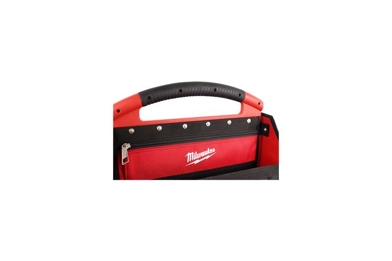 Bolso portaherramientas 15 pulgadas Milwaukee, detalle del asa ergonómica negra y bolsillo frontal con cierre