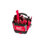Bolso portaherramientas Milwaukee de 15 pulgadas, vista frontal lleno de herramientas manuales rojas y negras