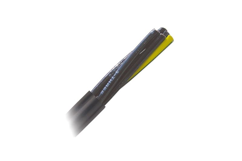 Cable Olflex Tray II 4x8 AWG PYE Olflex, extremo del cable pelado mostrando los conductores internos negros y amarillos