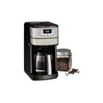 Cafetera moledora automática de 12 tazas negro Cuisinart, junto a un frasco de vidrio con granos de café