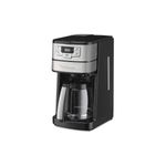 Cafetera moledora automática de 12 tazas negro Cuisinart, vista frontal con jarra de vidrio y panel de control plateado