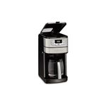 Cafetera moledora automática de 12 tazas negro Cuisinart, vista frontal con tapa abierta y jarra de vidrio posicionada