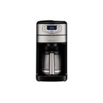 Cafetera moledora automática de 12 tazas Cuisinart, frente del equipo en color negro con jarra de vidrio y panel digital
