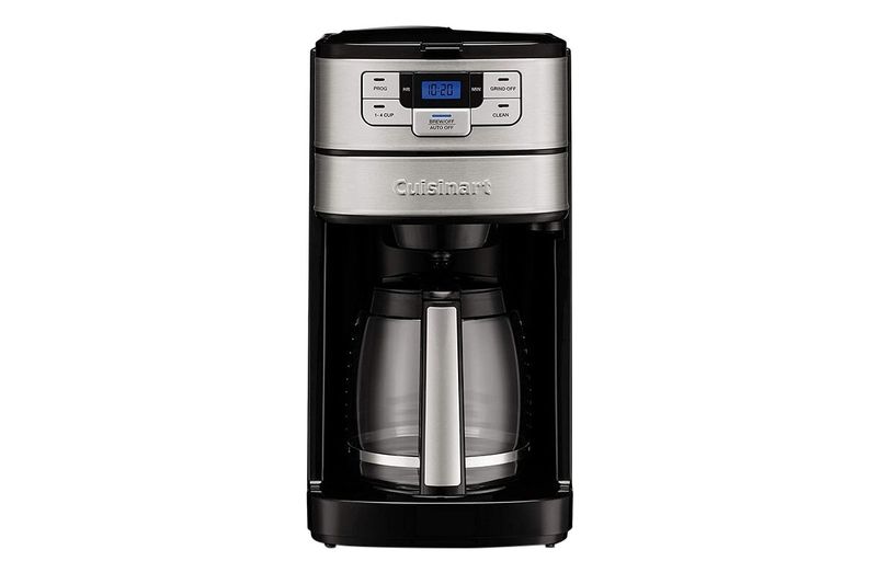Cafetera moledora automática de 12 tazas Cuisinart, frente del equipo en color negro con jarra de vidrio y panel digital