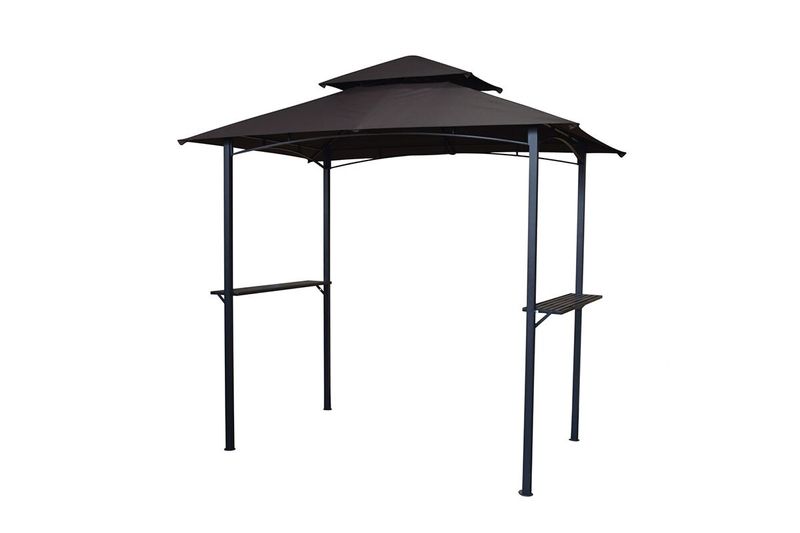 Toldo gazebo Windsor de 59.45 x 96.46 pulgadas, vista completa en color negro con repisas laterales integradas