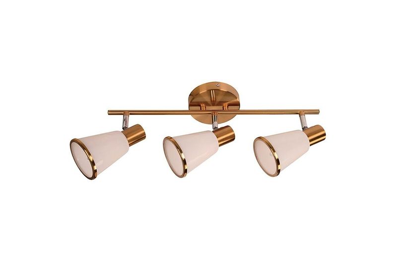 Lámpara de techo reflectora bronce satinado 3L E14 40W Sinsa, vista frontal de los tres focos orientados hacia abajo