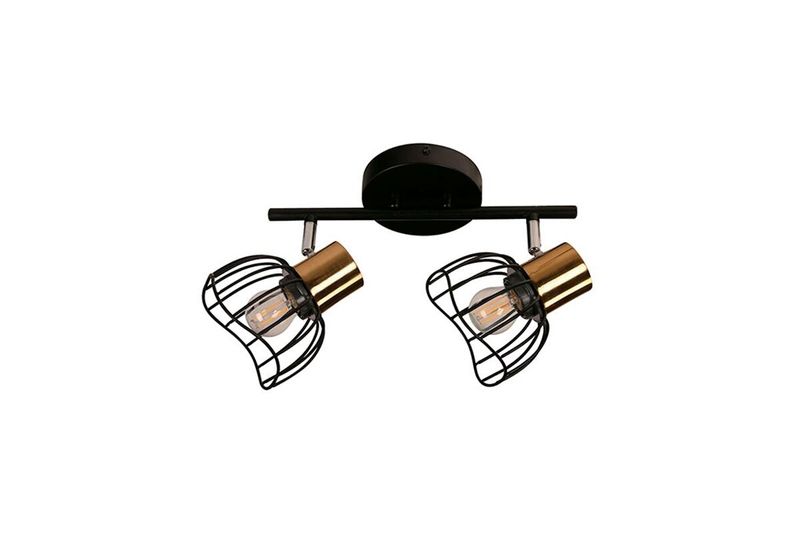 Lámpara de techo reflectora negro 2L E27 40W Sinsa, vista frontal con focos instalados y protectores de rejilla negra