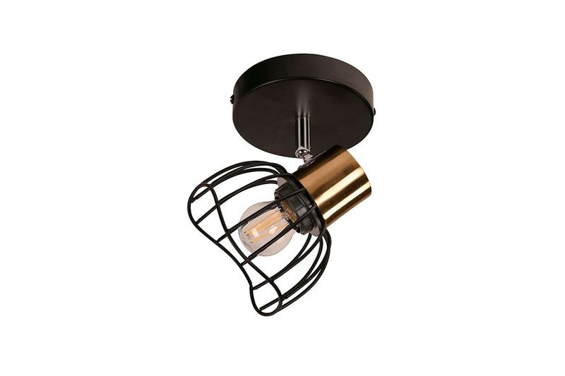 Lámpara de techo reflectora negro 1L E27 40W Sinsa, detalle del portalámparas dorado y rejilla protectora negra