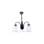 Lámpara de techo chocolate 3L E27 60W Sinsa, vista frontal con tres pantallas de vidrio blanco y estructura de cadena