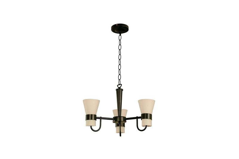 Lámpara colgante negro 3L E27 60W Sinsa, vista frontal completa con tres pantallas beige y cadena de suspensión