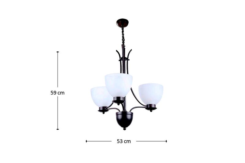 Lámpara colgante negro cepillado 3L E27 60W Ikelite, vista frontal con medidas de 59 cm de alto y 53 cm de ancho