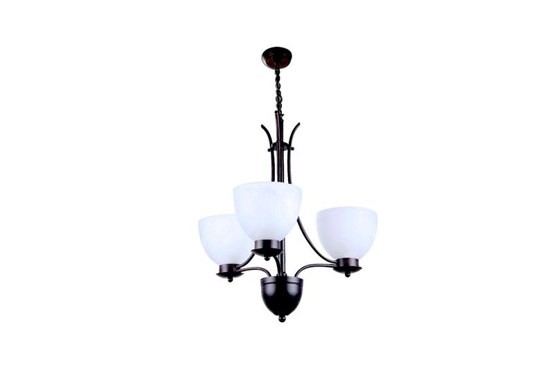 Lámpara colgante negro cepillado 3L E27 60W Ikelite, vista frontal con tres pantallas de vidrio blanco opaco