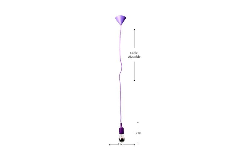 Lámpara colgante morada 1L E27 60W Sinsa, gráfico con medidas de 10 cm y 11 cm y cable ajustable