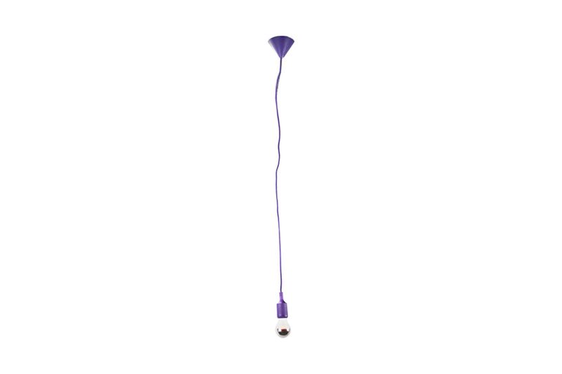 Lámpara colgante morada 1L E27 60W Sinsa, vista frontal completa con cable morado y bombillo instalado