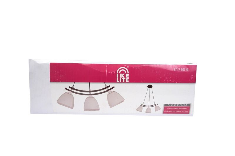 Lámpara colgante bronce cepillado 3L E27 60W Ikelite, empaque rectangular blanco y fucsia con ilustración del producto
