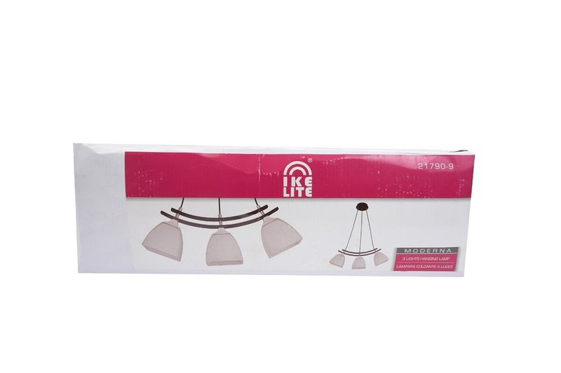 Lámpara colgante bronce cepillado 3L E27 60W Ikelite, caja de cartón blanca y fucsia con ilustración del producto