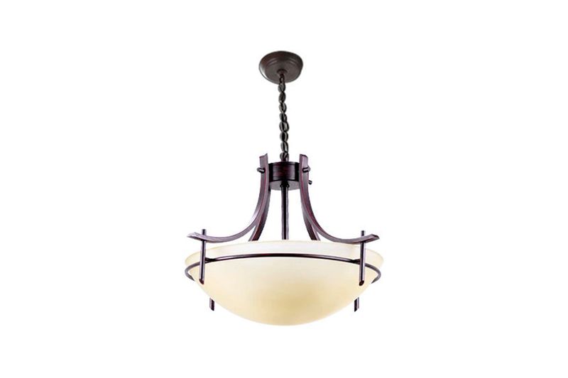 Lámpara de techo chocolate 3L E27 60W Sinsa, vista frontal con pantalla de vidrio blanco y cadena de suspensión