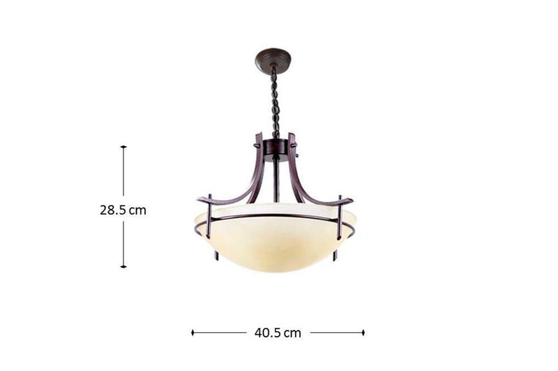 Lámpara de techo chocolate 3L E27 60W Sinsa, vista frontal con dimensiones de 28.5 cm de alto y 40.5 cm de ancho
