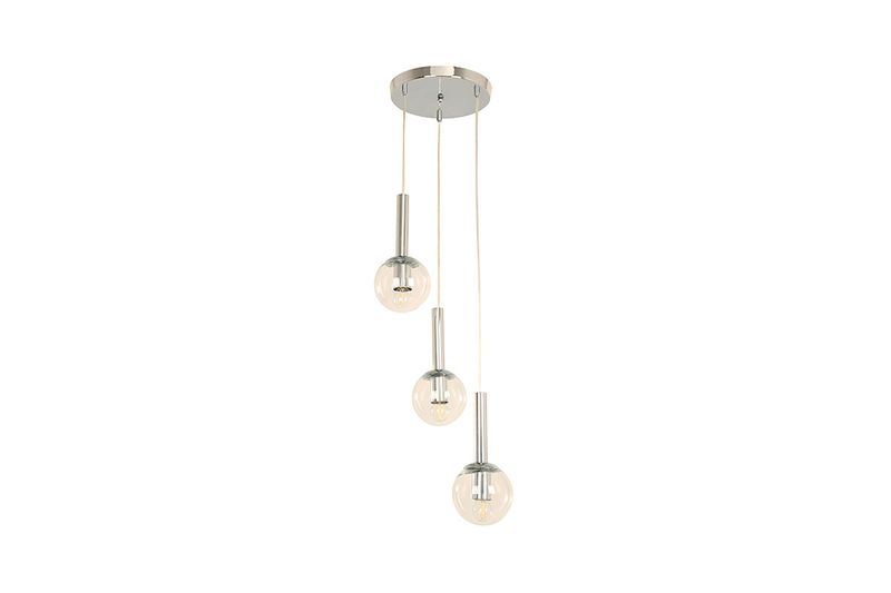 Lámpara colgante cromo 3L E27 40W Sinsa, vista frontal de las tres luminarias esféricas transparentes a distintas alturas