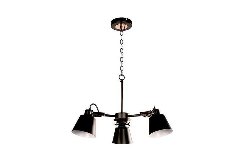 Lámpara colgante negro 3L E27 40W Sinsa, vista frontal con tres pantallas cónicas y cadena de suspensión