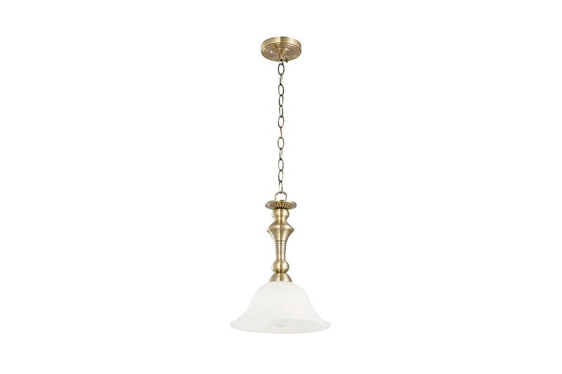 Lámpara colgante bronce antiguo 1L E27 60W Sinsa, vista frontal completa con cadena y pantalla de vidrio blanco