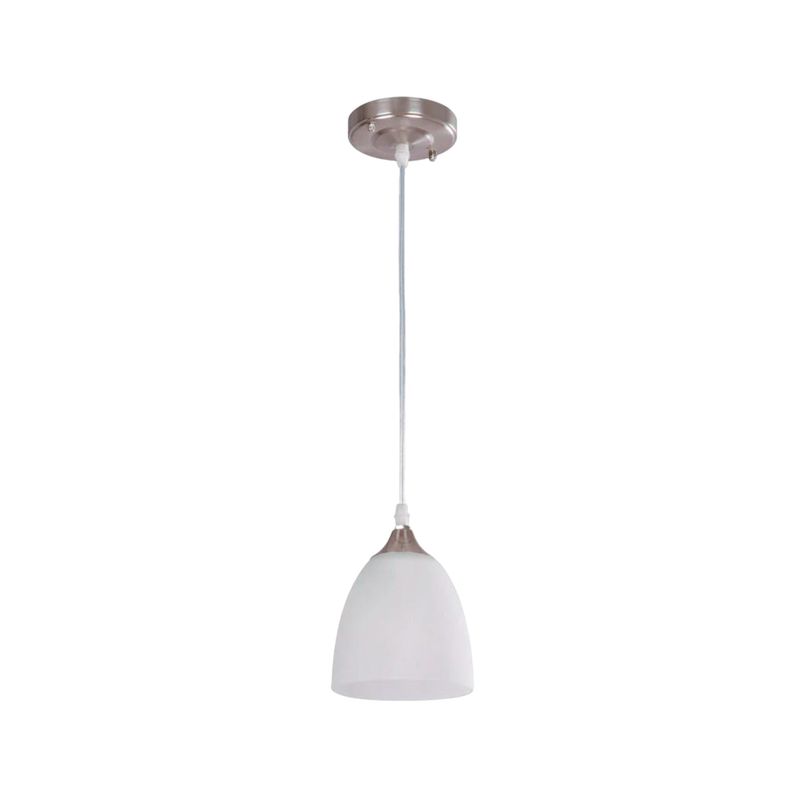Lámpara colgante blanco 1L E27 60W Ikelite, vista frontal completa con base metálica y pantalla de vidrio opalino