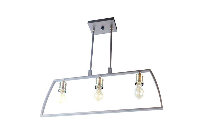 Lámpara de techo chocolate 3L E27 60W Sinsa, vista frontal con tres bombillas encendidas y estructura metálica
