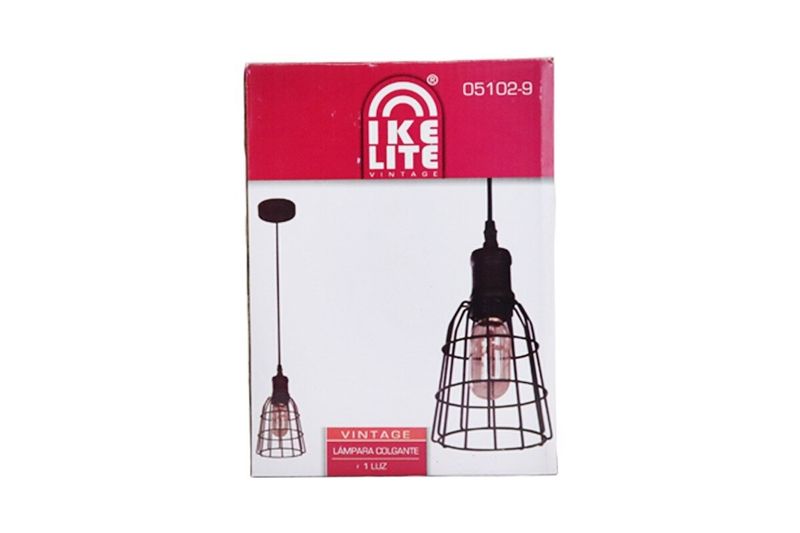 Lámpara de techo chocolate 1 L E27 60 W Sinsa, empaque frontal con ilustración de la lámpara colgante y logo de Ike Lite