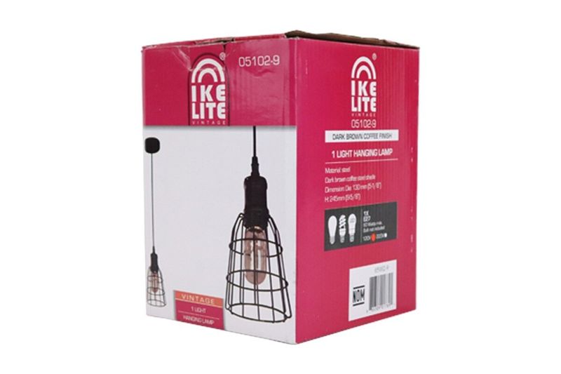 Lámpara de techo chocolate 1 L E27 60 W Sinsa, en su caja roja con ilustración del producto y especificaciones técnicas