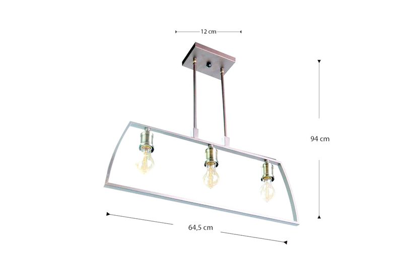 Lámpara de techo chocolate 3L E27 60W Sinsa, diagrama con dimensiones de 64,5 cm de ancho, 12 cm de base y 94 cm de alto
