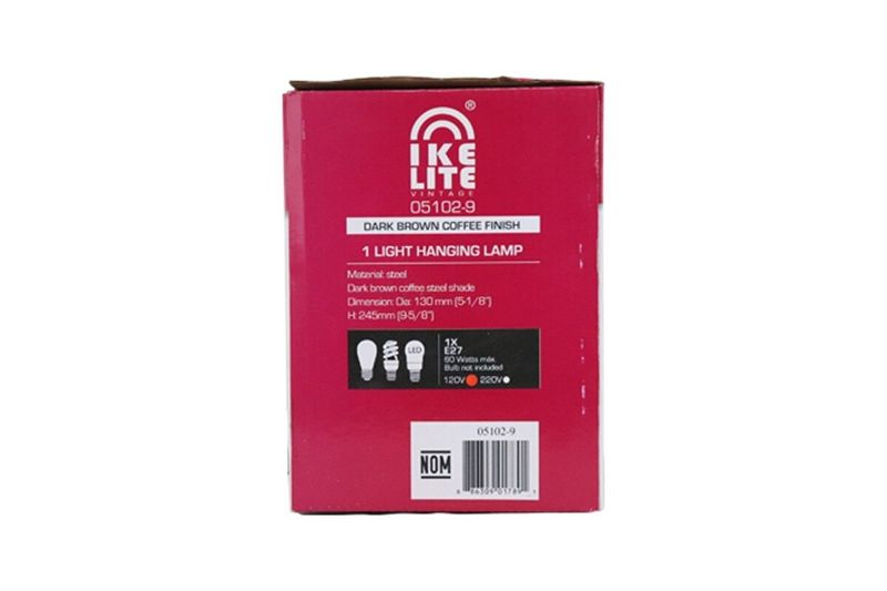 Lámpara de techo chocolate 1L E27 60W Sinsa, empaque rojo con especificaciones técnicas y código de barras